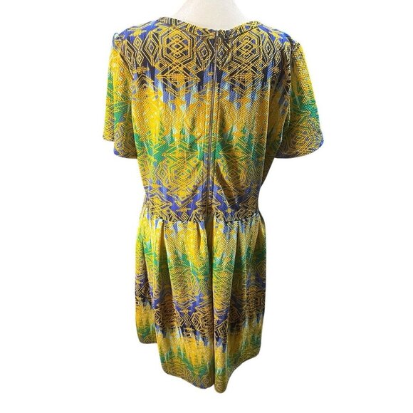 LuLaRoe Women's 3X Amelia Dress Yellow Blue Green Aztec Pleated Round Neck - Picture 5 of 9